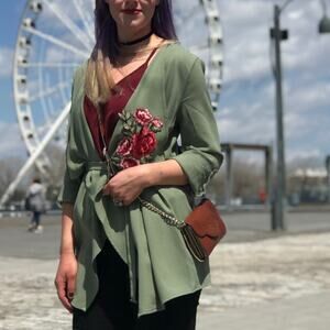 Primi green floral embroidered belted cascading cardigan